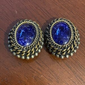 Vintage Lapis Lazuli Bronze/Silver Bead, Rope Details Earring ClipOn Designer
